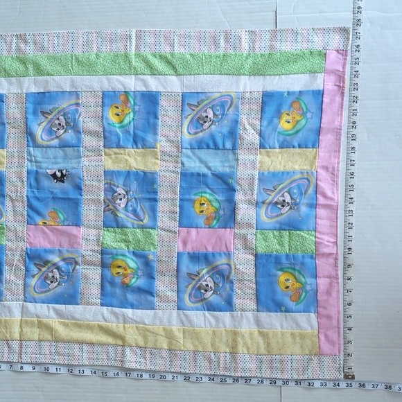 Vintage 90's Reversible Patchwork Looney Tunes Characters Baby Blanket Blue Pink - Picture 15 of 16